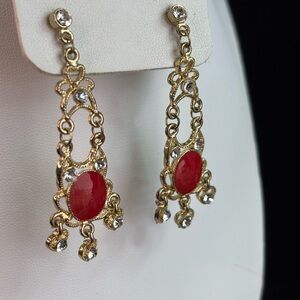Gold and Red Dangle Earrings